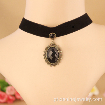 Gargantilha de veludo negro pescoço com colar pingente pedra preta